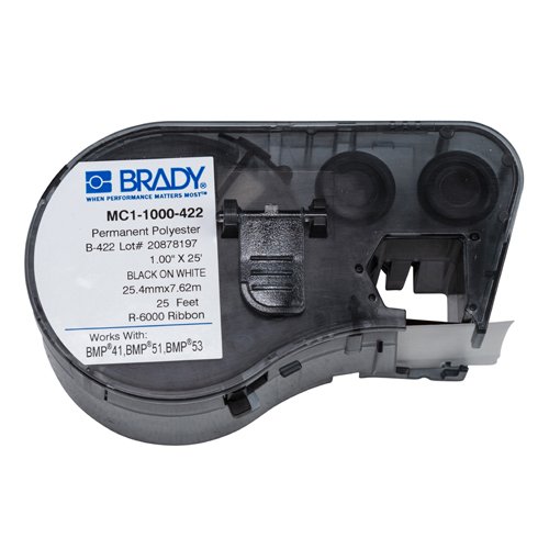 Самоклеящаяся лента Brady MC1-1000-422, белый полиэстер, печать чёрным, 25,4 мм * 7,62 м, в картридже 7,62 м (BMP41/51/53)